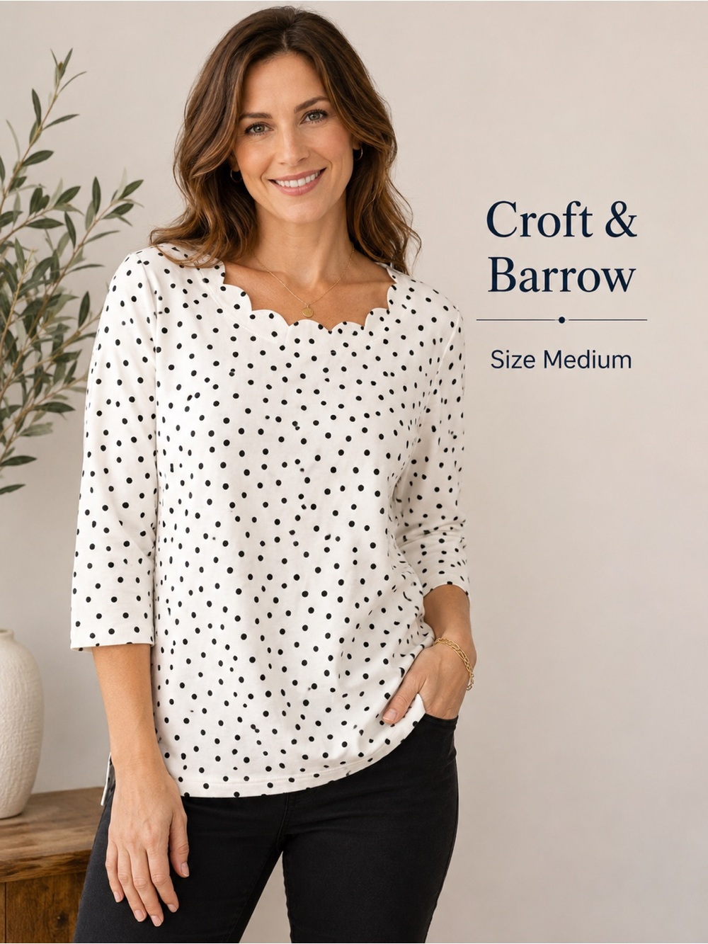 Croft & Barrow White Black Polka Dot Scalloped Neck Top  3/4 Sleeve Cotton/M